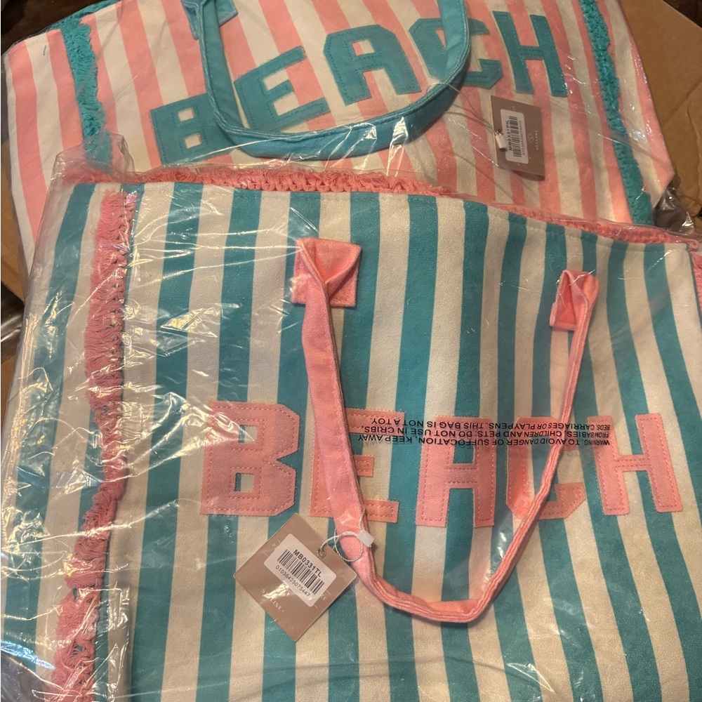 Striped 'BEACH' Tote Bag in Turquoise & Pink